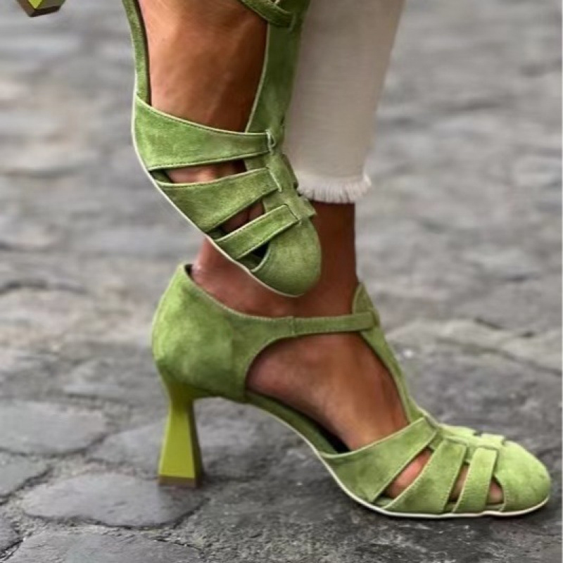 Summer Clothing Office - Kadın Yeşil Süet Kitten Topuklu T-Askılı
