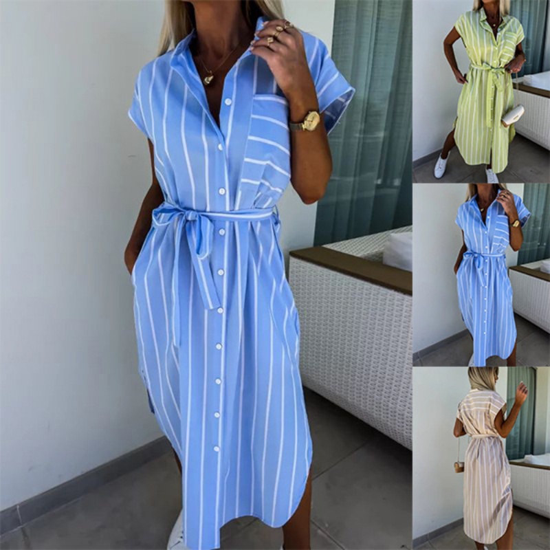 Summer Clothing Looks - Kadın için Kısa Kollu Çizgili Gömlek